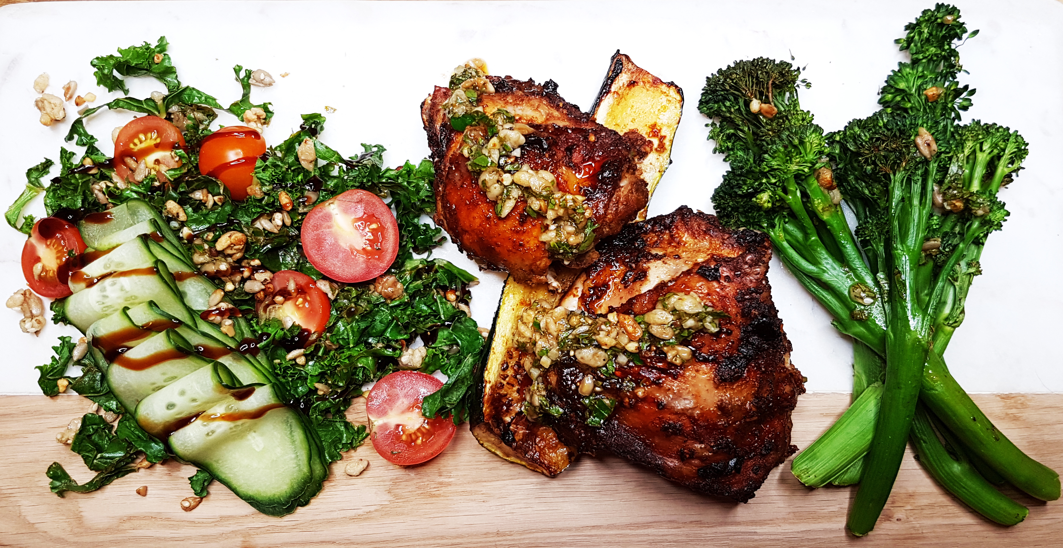 Portuguese Style Chicken Thighs with Zucchini, Broccolini & Kale Salad