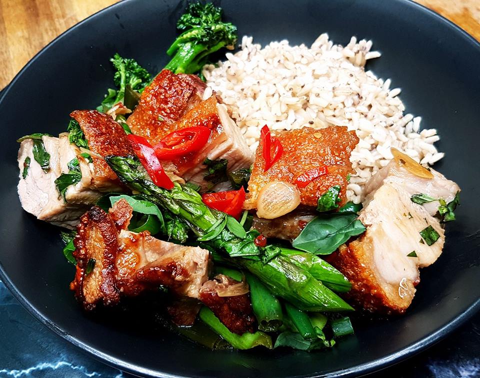 Crispy Chilli, Basil Pork with Asparagus, Broccolini & Rice
