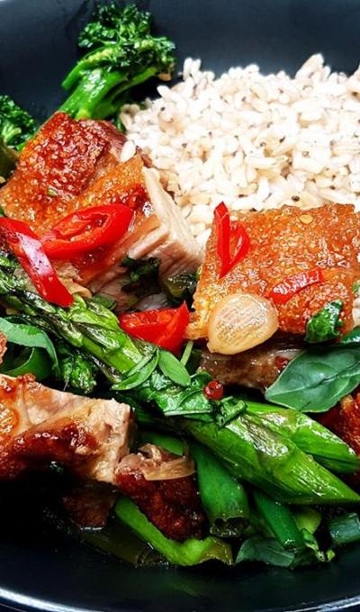 Crispy Chilli, Basil Pork with Asparagus, Broccolini & Rice